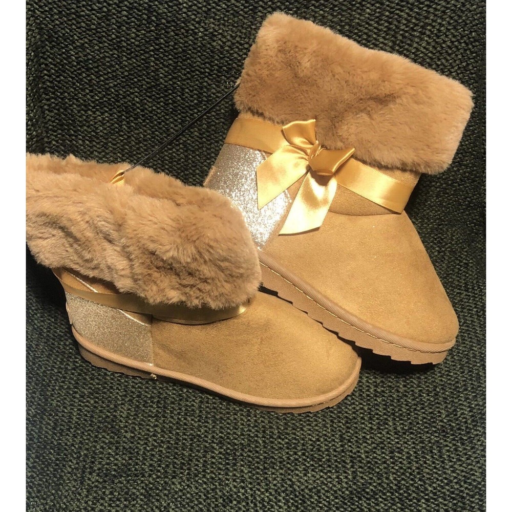 Mudd Tan Girls Fir & Glitter Boots - New - Sz 1